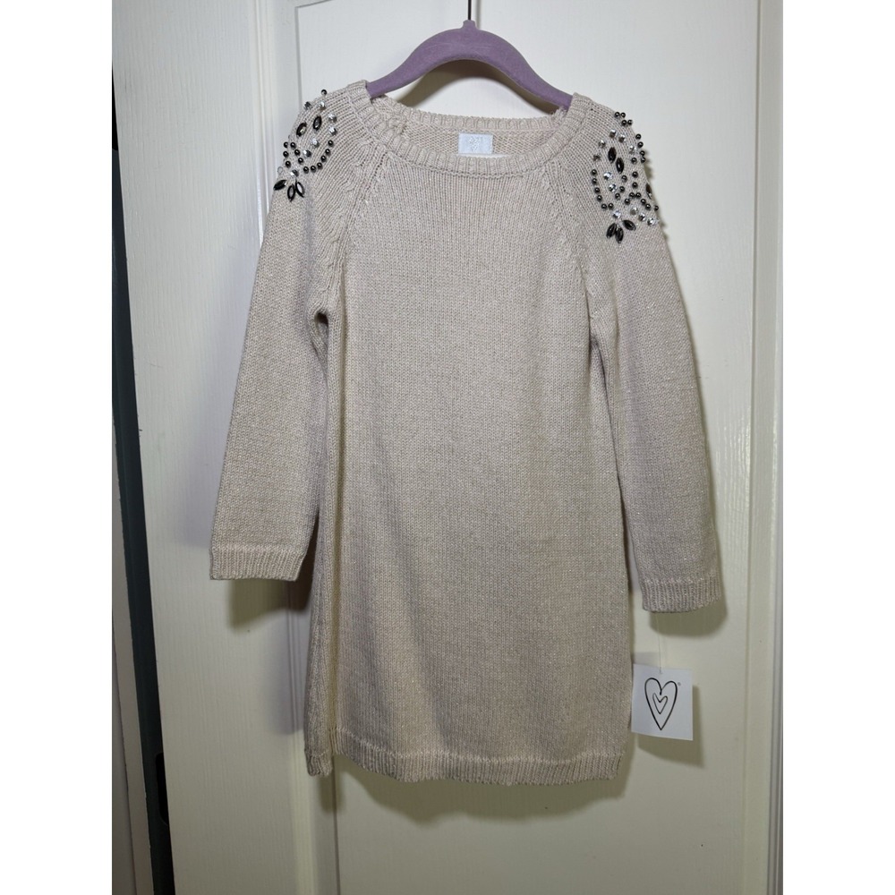 NWT Girls Size 4 Sweater Dress & Leggings Set Beige Embellished Rhinestone Beads